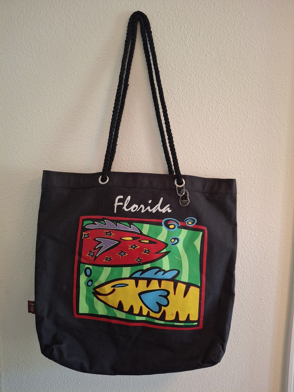 Vintage 90s Black Florida Tote with Colorful Fish Graphic